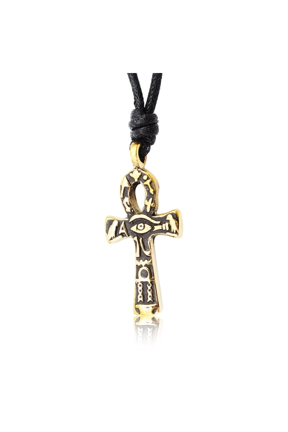 Egyptian Ankh Key Eye of Horus Ra Gold Brass Necklace Pendant Jewelry With Cotton Cord