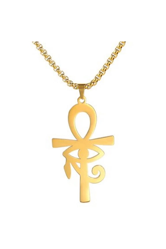 Egyptian Ankh Necklace Gold PVD Plate Stainless Steel Eye of Ra Aunk Amulet Mens Womens Fantasy Forge Jewelry