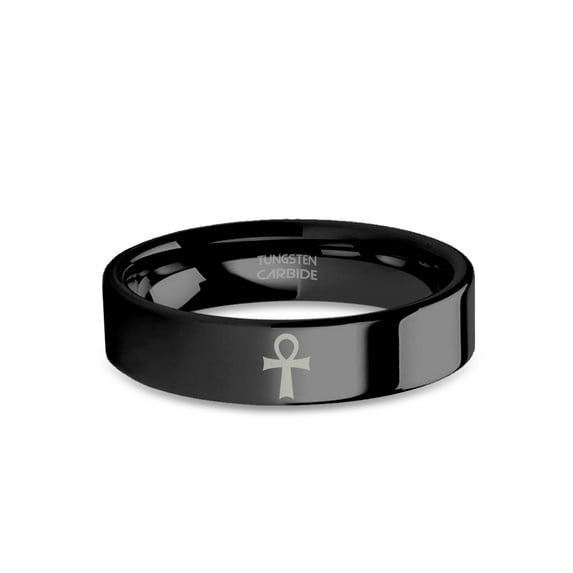 Egyptian Ankh Symbol Engraved Black Tungsten Polished Ring, 6mm, Size 7.5