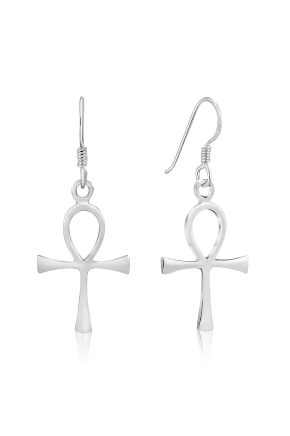 Egyptian Ankh Symbol of Life Cross .925 Sterling Silver Dangle Earrings
