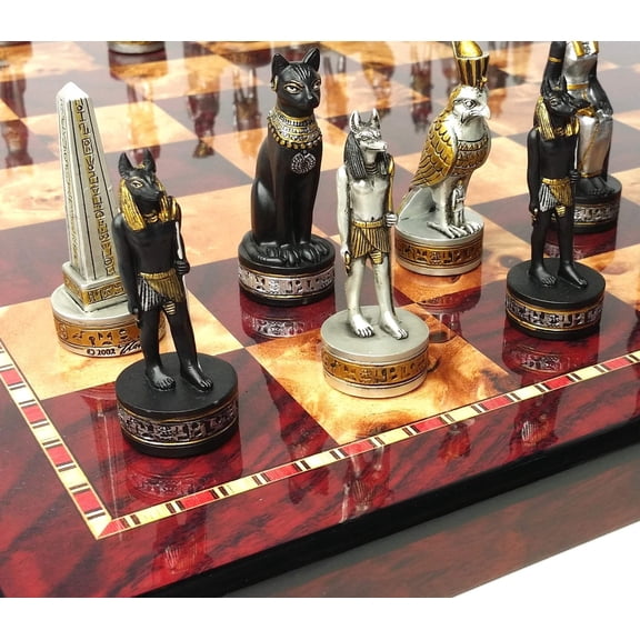 Egyptian Anubis Black Silver W/ Gold Accents Chess Set W/ 18" Cherry Color Bd