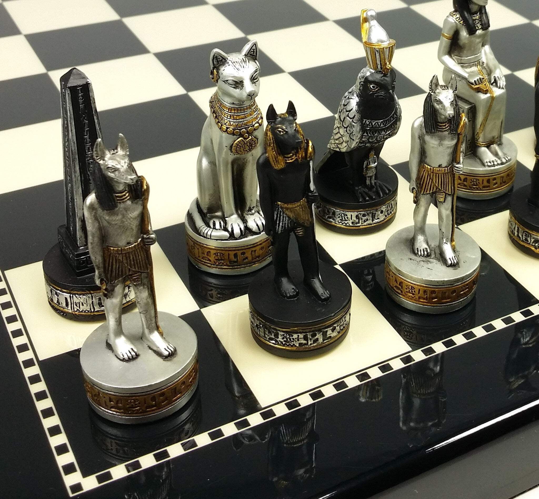 Egyptian Anubis Chess Set Black Silver  Gold W/ 15" Black  White Gloss Board