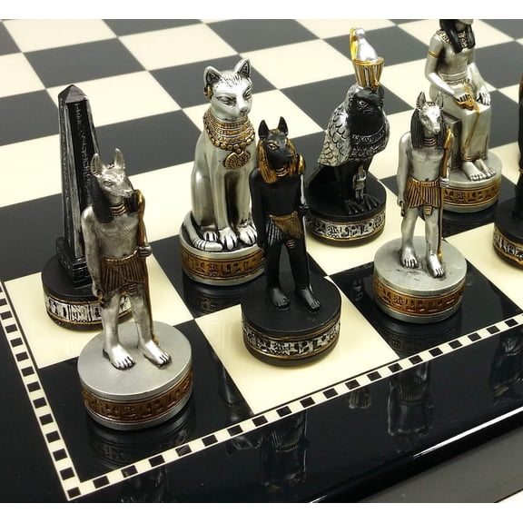Egyptian Anubis Chess Set Black Silver Gold W/ 15" Black White Gloss Board