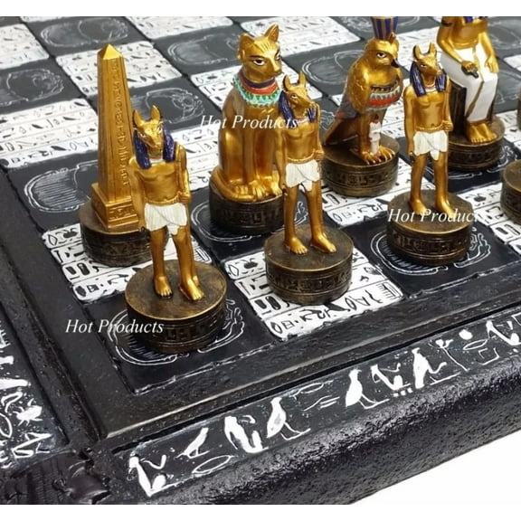 Egyptian Anubis Chess Set Gold Buff Men W/ 16" Hieroglyphics EGYPT Board