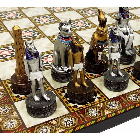 Egyptian Anubis Chess Set Gold Silver Painted Men W 14 1/2" Mosaic Color Board