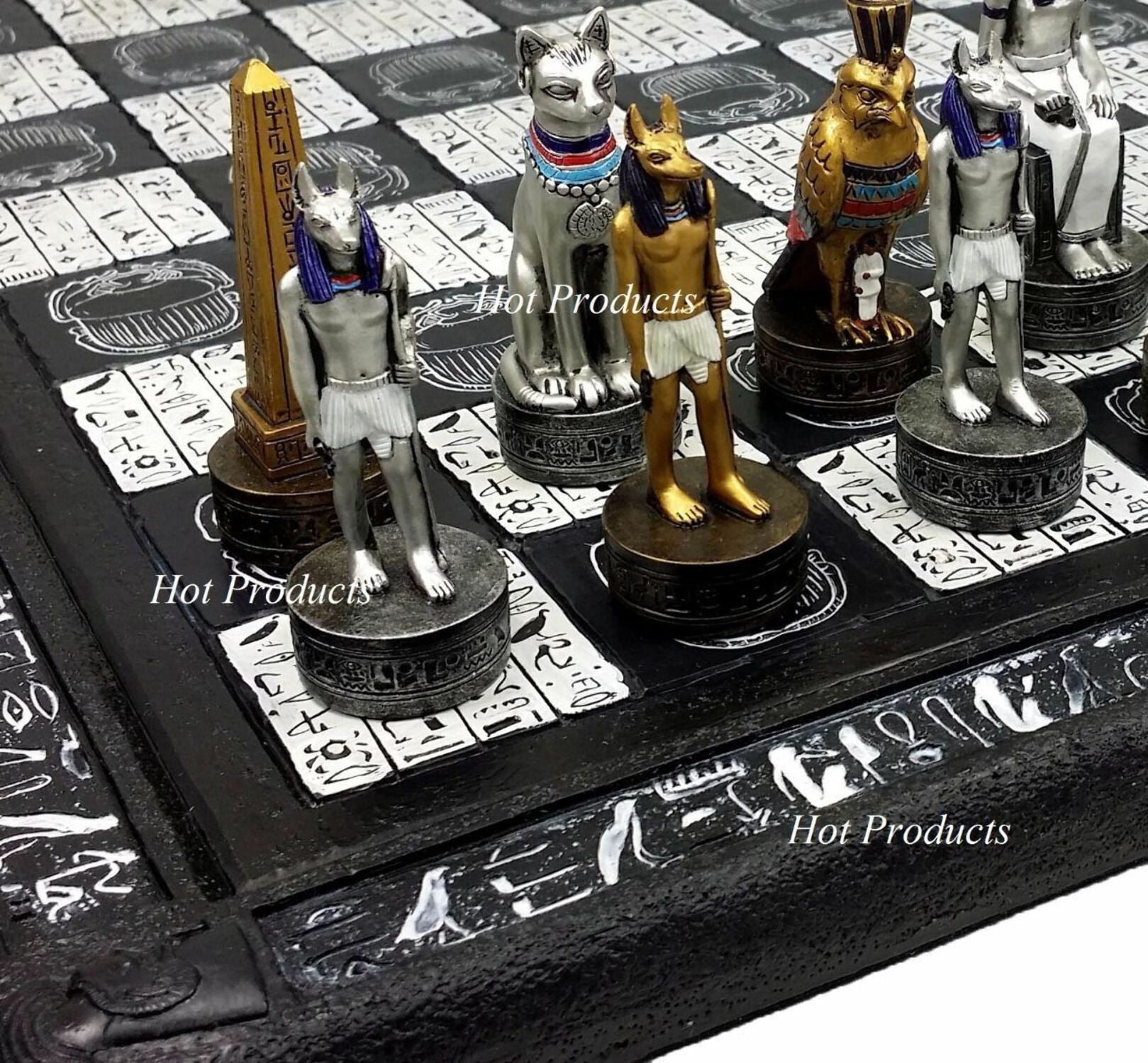 Egyptian Anubis Chess Set Gold  Silver Painted Men W/ 16" Hieroglyphics Board