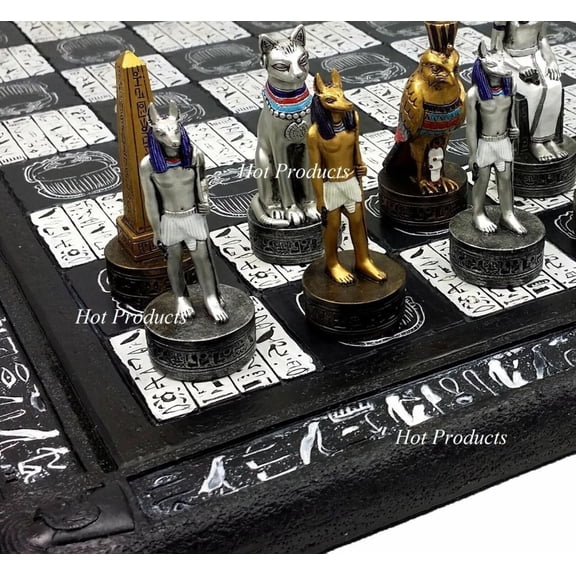 Egyptian Anubis Chess Set Gold Silver Painted Men W/ 16" Hieroglyphics Board