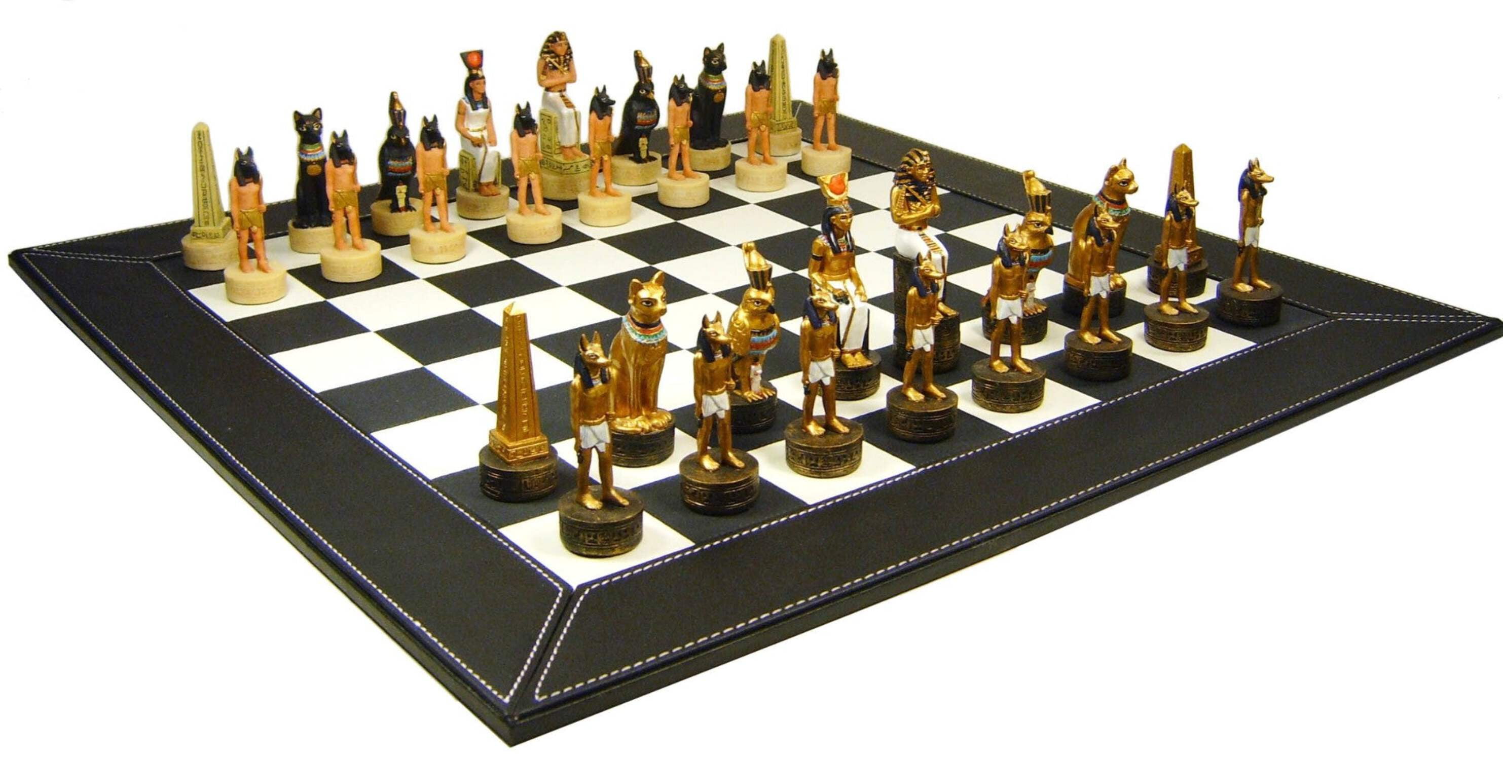 Egyptian Anubis Gold  Buff Chess Set with 18" Black  White Faux Leather Board
