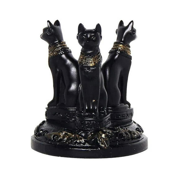 Egyptian Bastet Cat Statue Triple Goddess Figurine, Black Resin Home Decor, Ancient Mythology Collectible Sculpture, 6 Inch Table Ornament