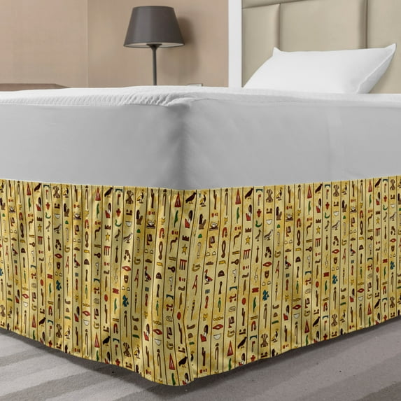 Egyptian Bed Skirt, Colorful Hieroglyphics on Papyrus Old Paper Style Background Cairo Culture, Elastic Bedskirt Dust Ruffle Wrap Around for Bedding Decor, 4 Sizes, Multicolor, by Ambesonne