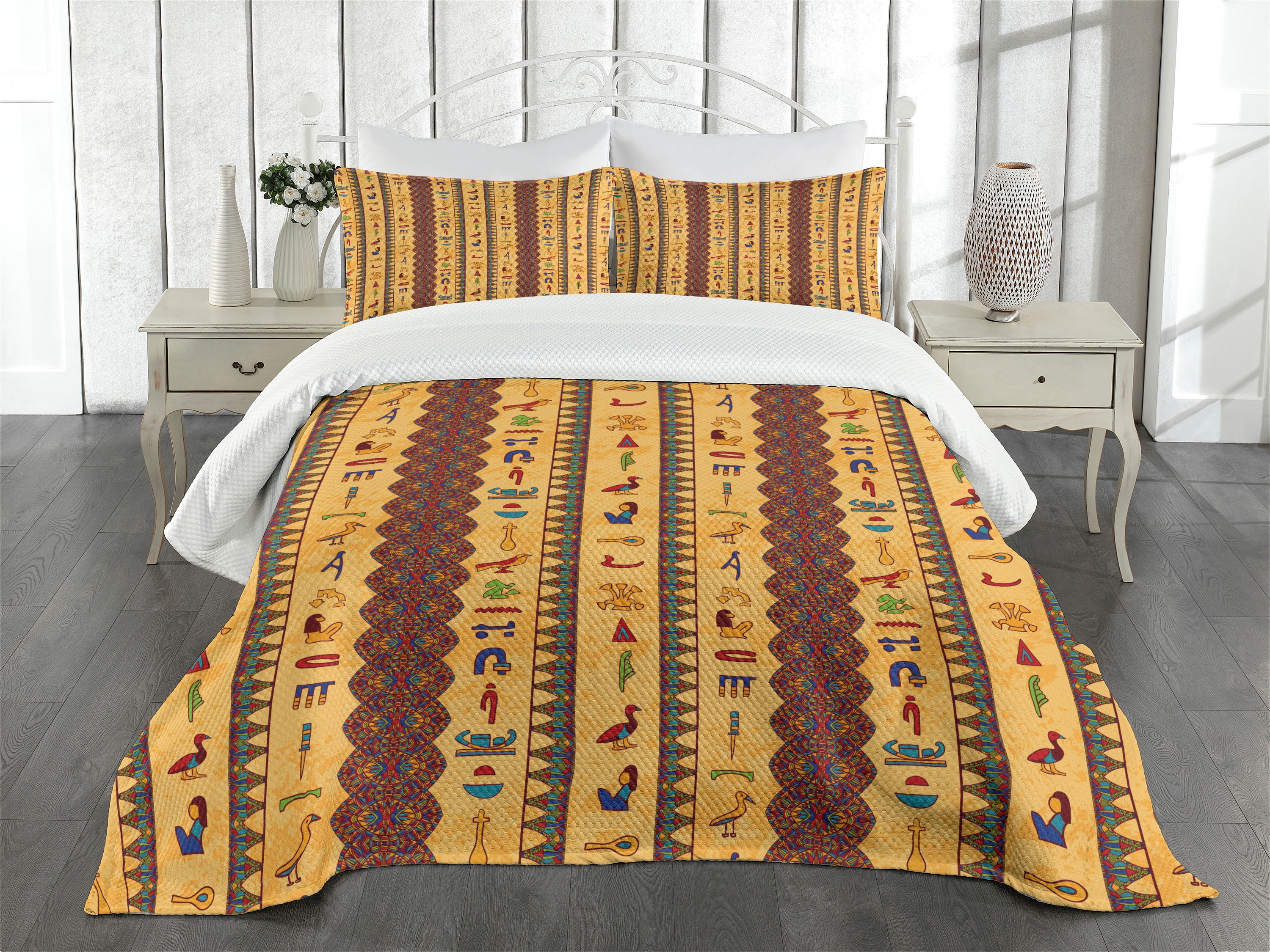 Egyptian Bedspread Set Queen Size, Ancient Hieroglyphs and Floral