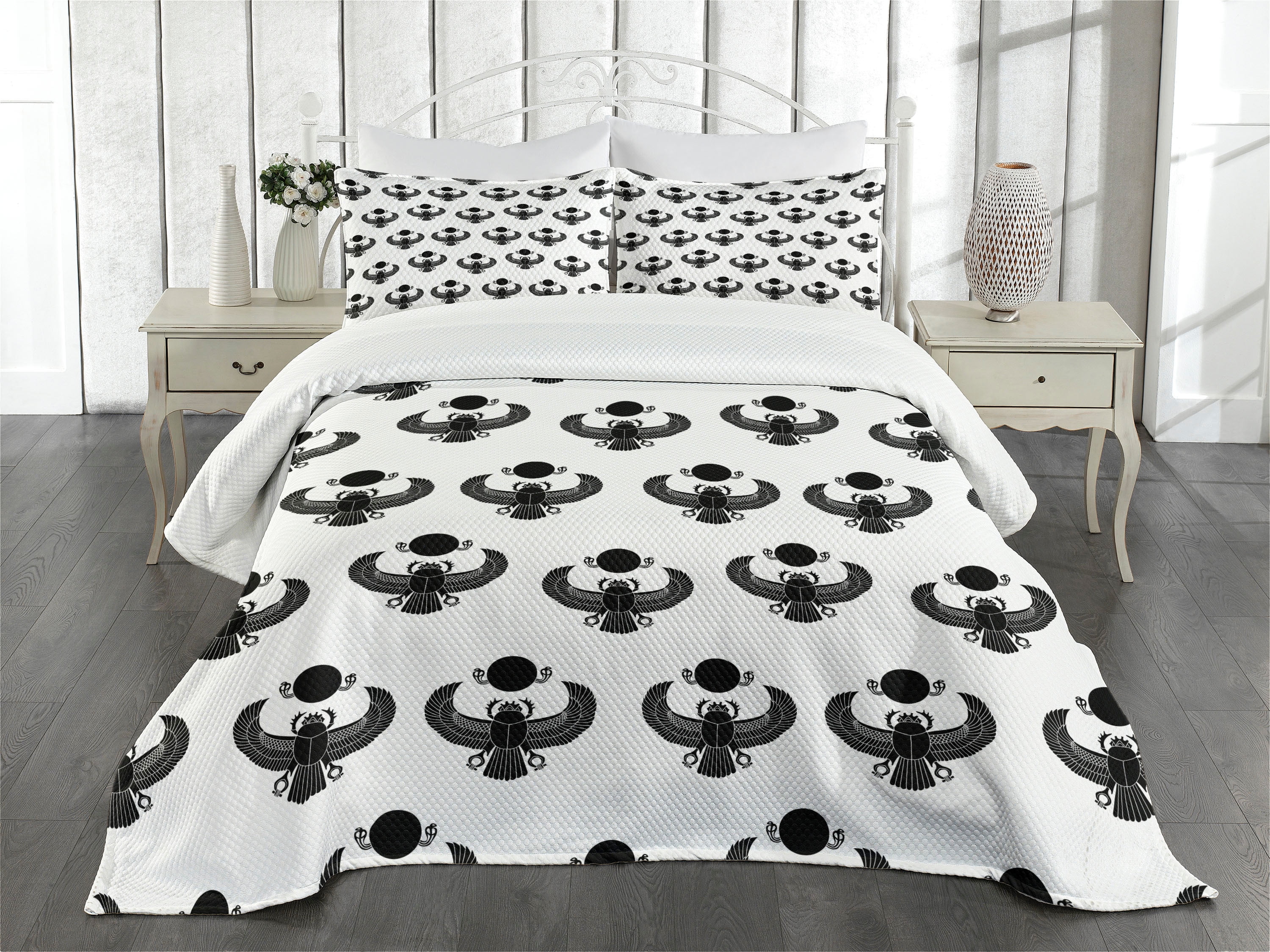 Egyptian Bedspread Set Queen Size, Legendary Beetle Scarab Silhouettes Egyptian Bedspread Set Queen Size, Legendary Beetle Scarab Silhouettes
