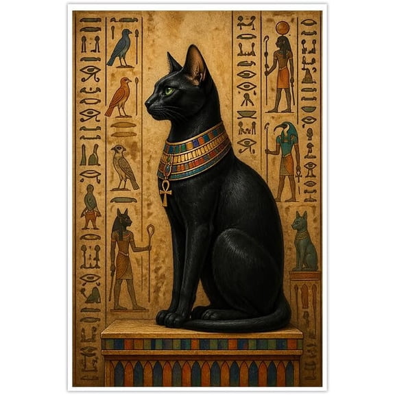 Egyptian Black Cat Art Canvas Wall Art Prints, Ancient Egypt Gods & Hieroglyphics Home Decor, Mythological Animal Pictures for Living Room Bedroom