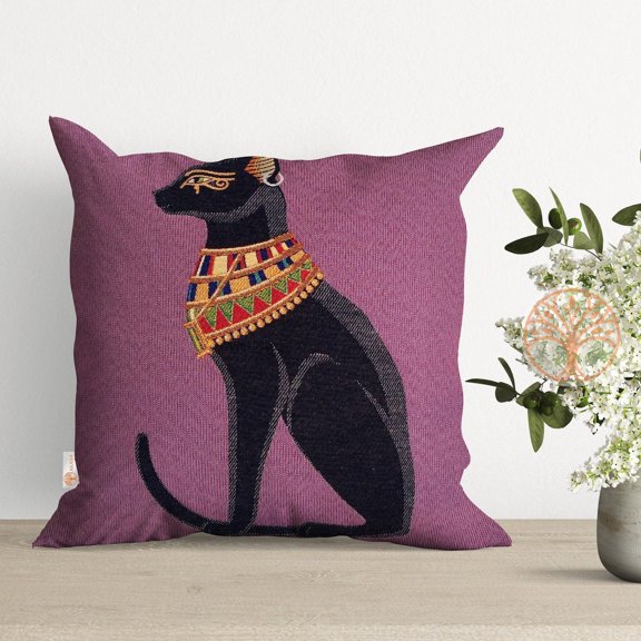Egyptian Black Cat with Ornate Collar Purple Square Pillow Case, 100% Polyester Velvet, Ancient Egypt Decor