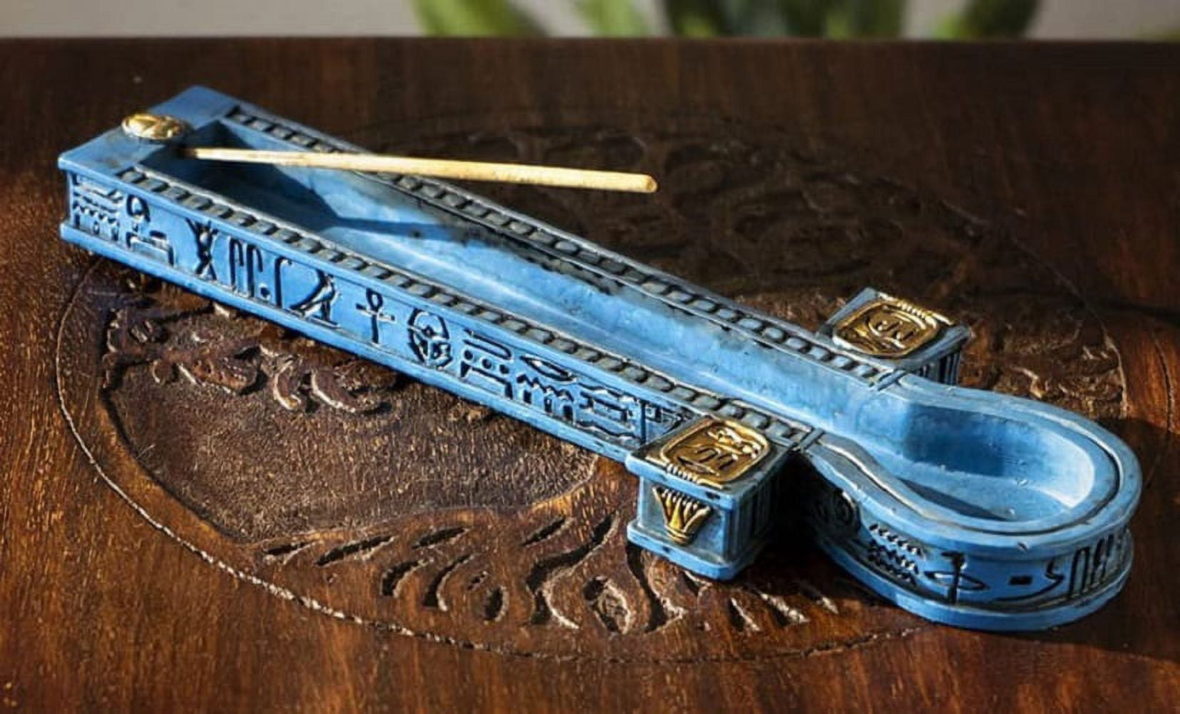 Egyptian Blue Hieroglyphic Symbols Golden Cartouche Ankh Key Incense Holder