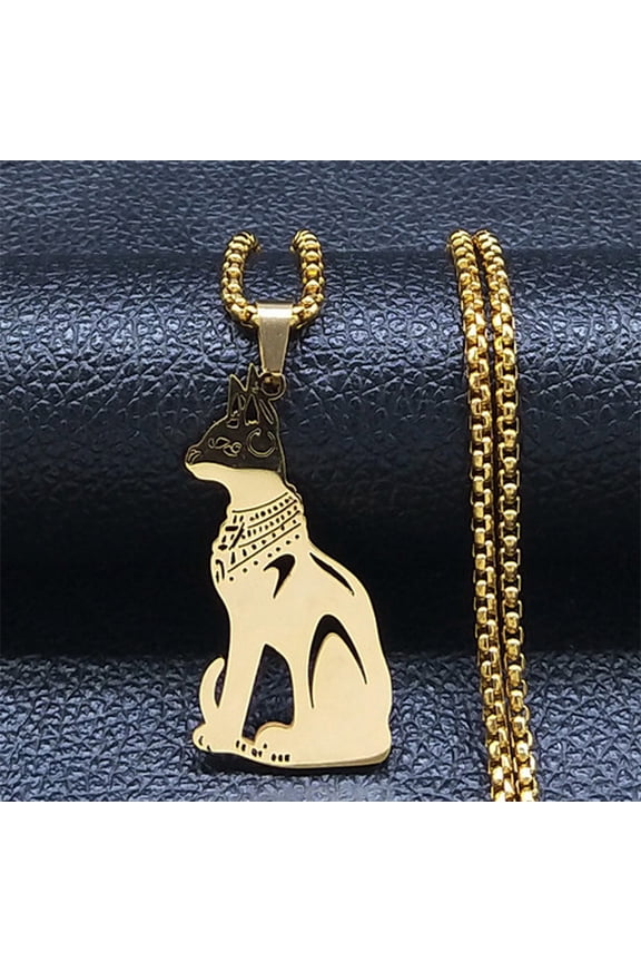 Egyptian Cat Goddess Bastet Necklace 14K White Gold Ancient Egypt Vintage Necklaces Jewelry colier hommes