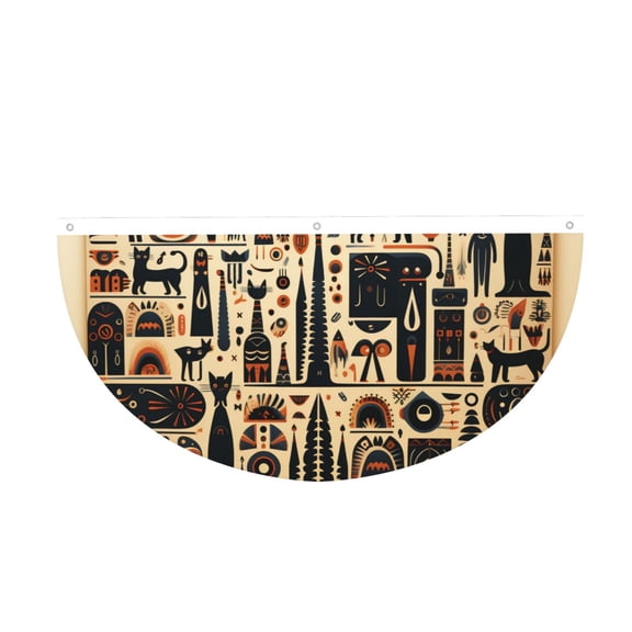 Egyptian Cat Hieroglyphs Vintage Semi-Circle Bunting Banner 1.5x3 Ft, Half Fan Flag for Porch Garden Party Decor, 3-Grommet Ready to Hang