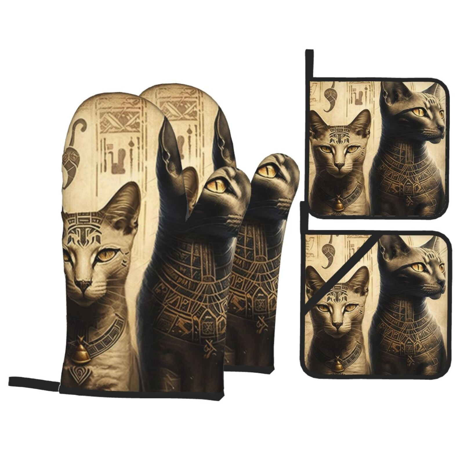 Egyptian Cats Hieroglyphs Vintage 4Pcs Oven Mitts and Pot Holders Sets Oven Kitchen Gloves Hot Pads for Cooking BBQ Baking Grilling