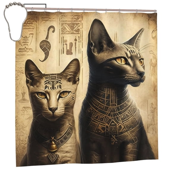 Egyptian Cats Hieroglyphs Vintage Shower Curtain with 12 Iron Hooks Washable Polyester Fabric Bathroom 72x72 Inch