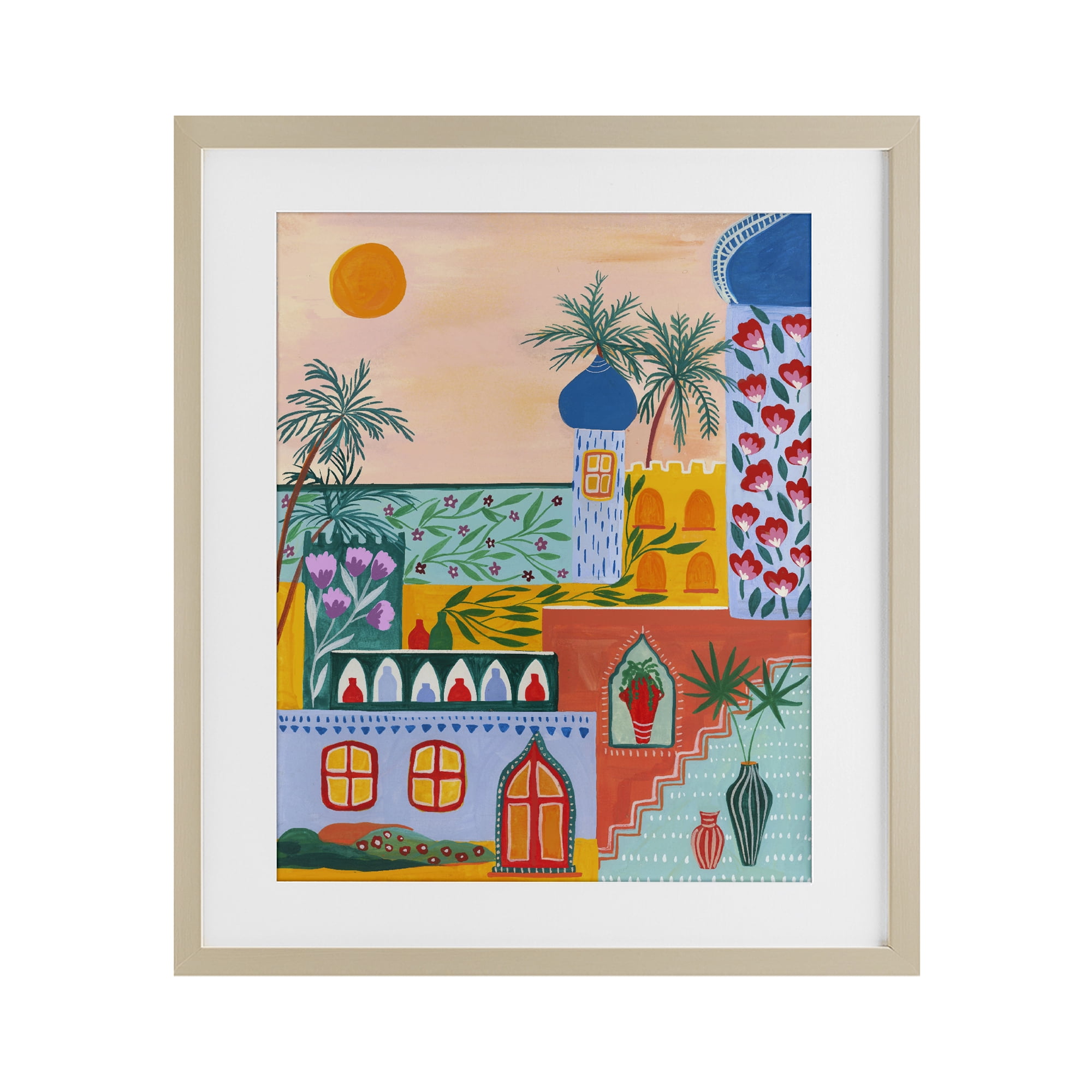 Egyptian City Architecture Birch Framed Print Under Glass, design by Nabeela Rumi
