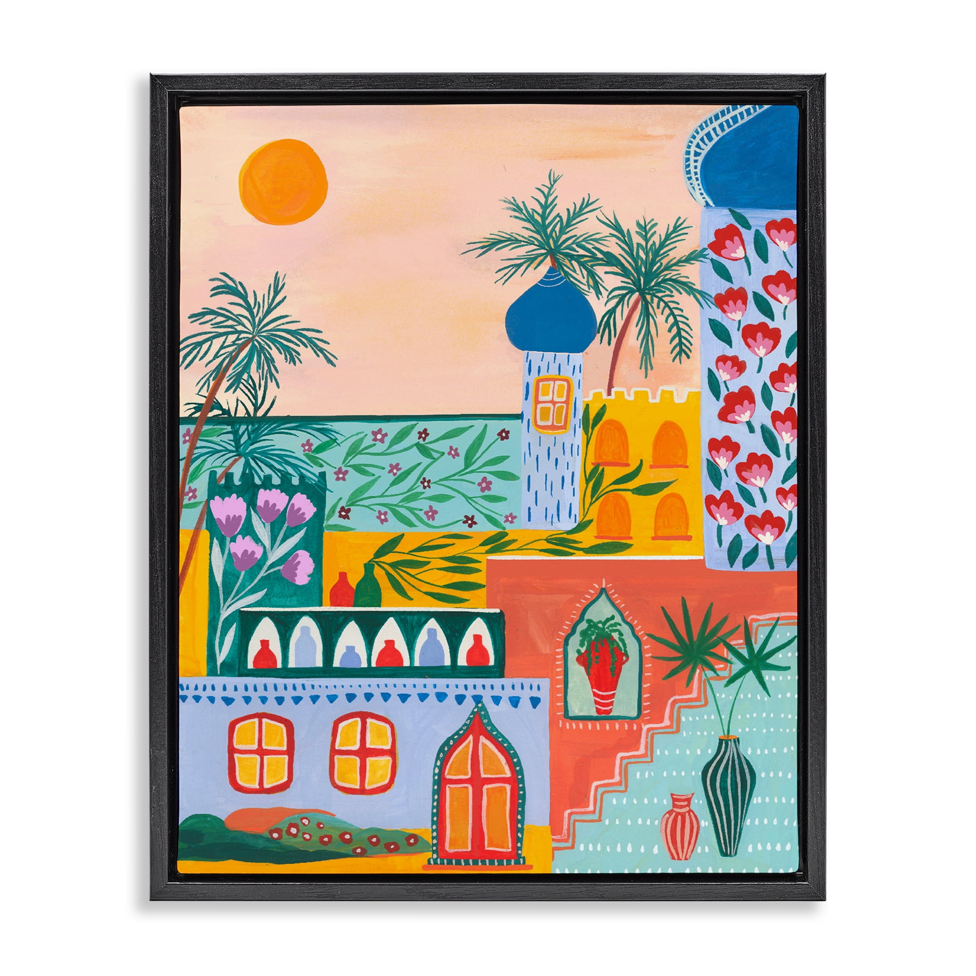 Egyptian City Architecture Black Framed Floater Canvas Wall Art, design by Nabeela Rumi