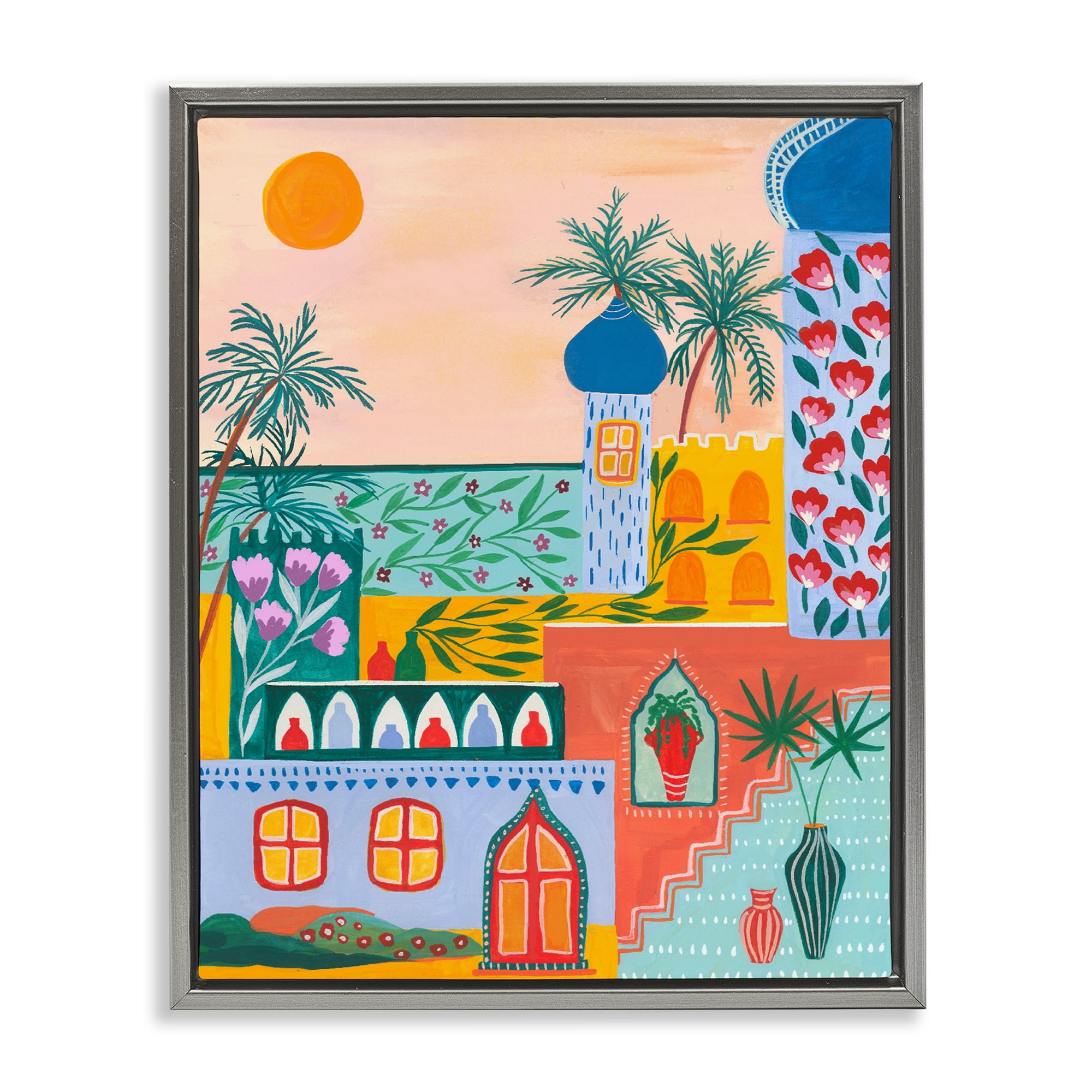 Egyptian City Architecture Gray Framed Floater Canvas Wall Art, design by Nabeela Rumi
