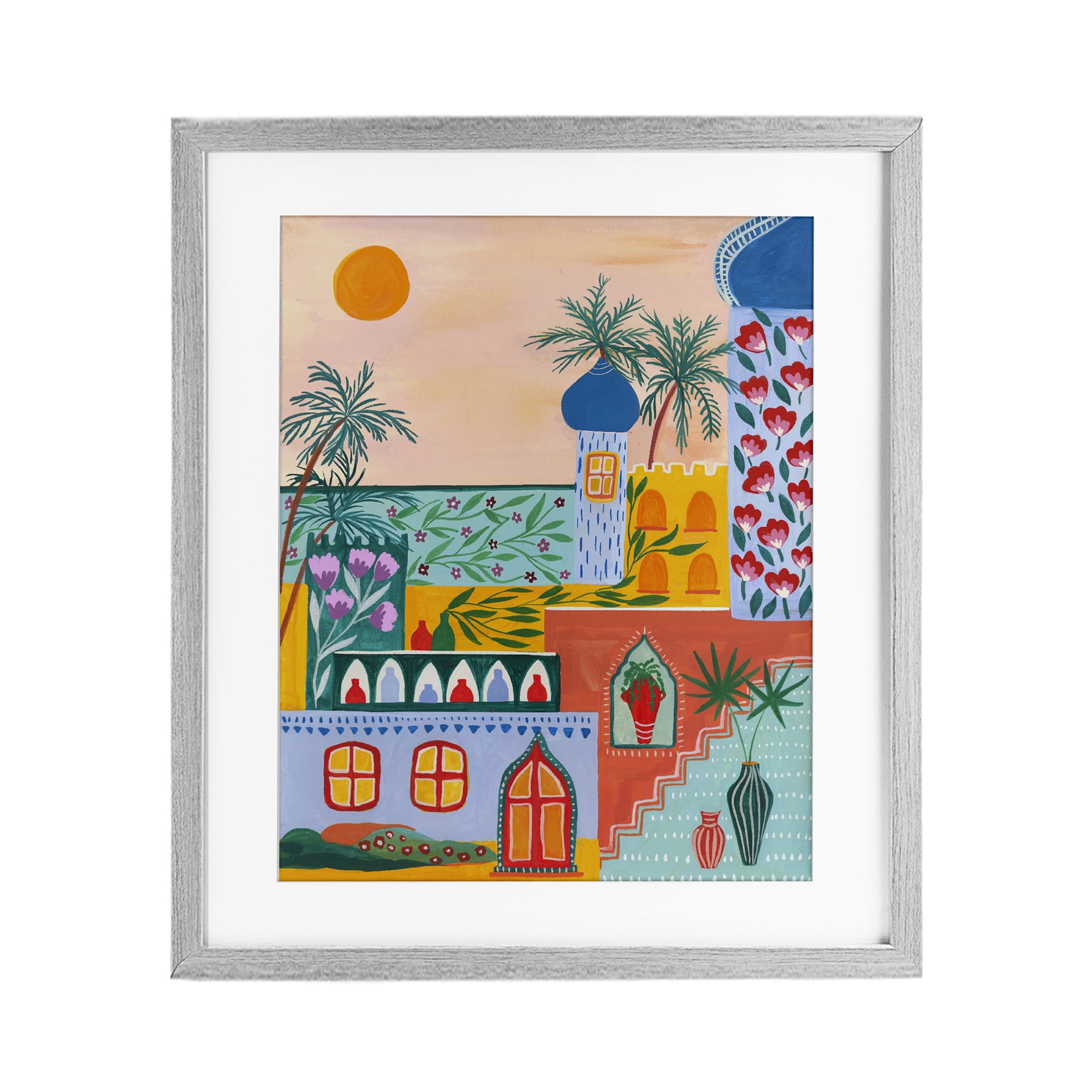 Egyptian City Architecture Gray Framed Print Under Glass, design by Nabeela Rumi