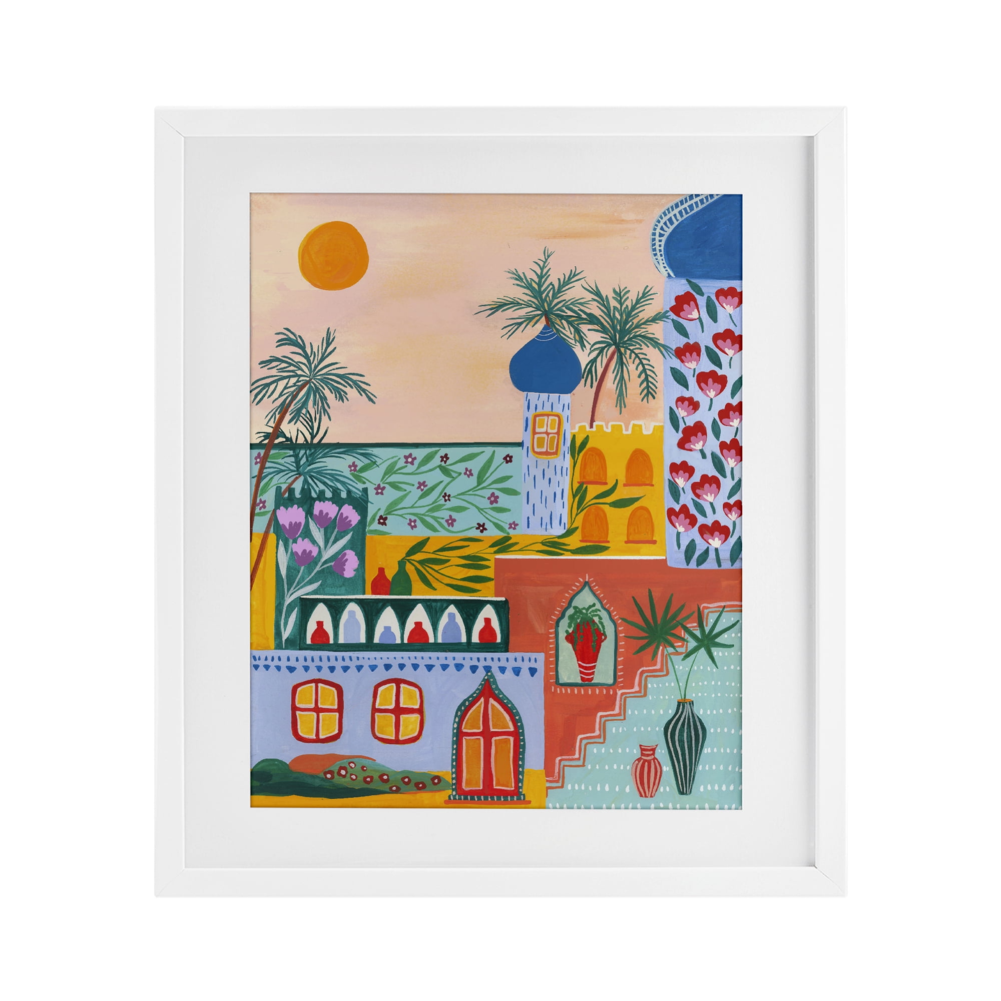 Egyptian City Architecture White Framed Print Under Glass, design by Nabeela Rumi