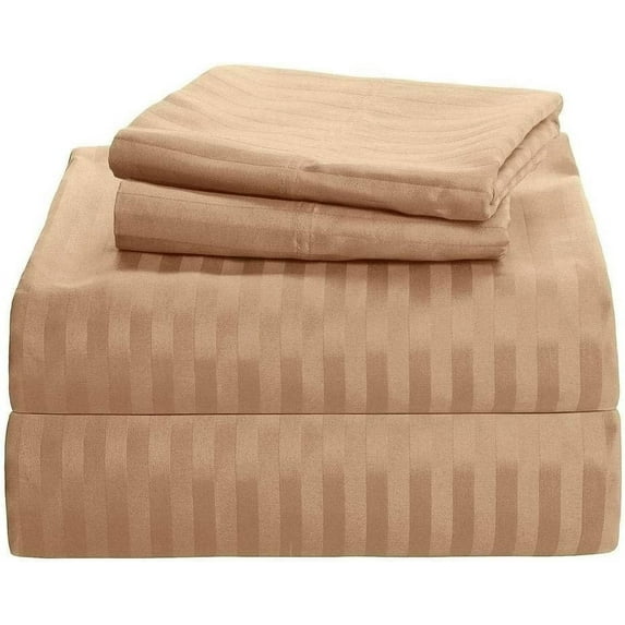 Egyptian Cotton 3 Piece Fitted Sheets Sets - Luxury & Comfy Soft 300TC Sheets 14" inch Secure Fit Deep Pockets - Breathable & Cozy Sheets - Taupe Stripe, Queen Size.