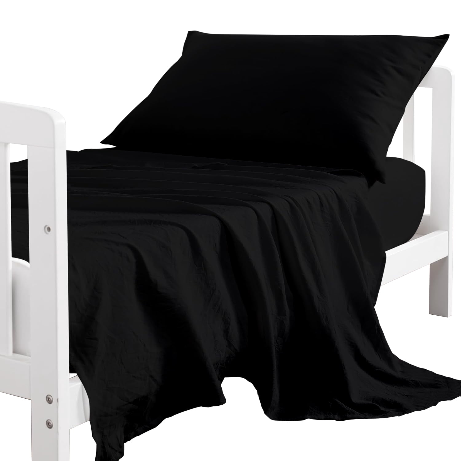 Egyptian Cotton 3 Piece Toddler Bedding Set Includes Crib Mattress Sheet Upto 12" Deep Pocket, Flat Sheet and Envelope Pillowcase, Silky Soft, Breathable and Lightweight, Black Color