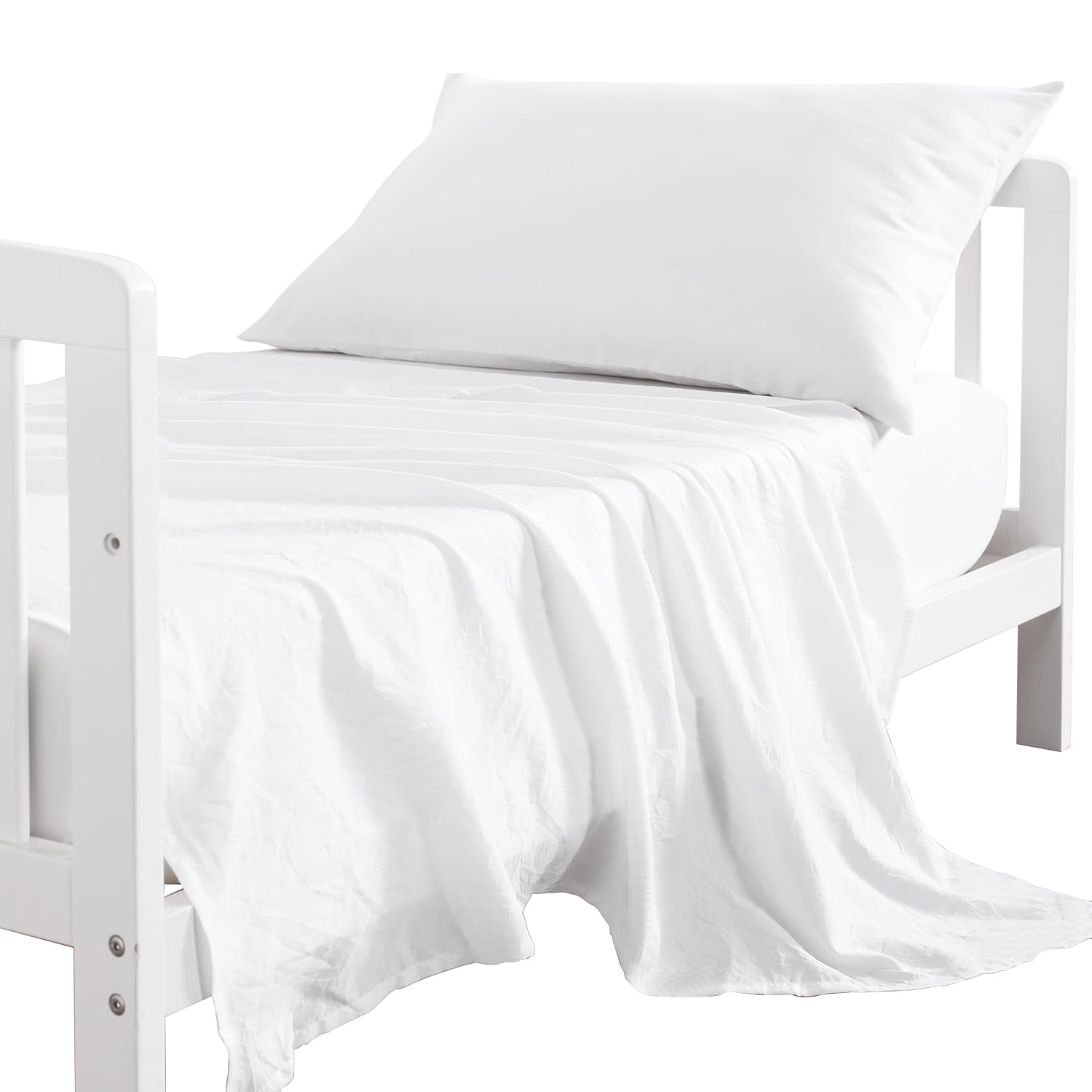 Egyptian Cotton 3-Piece Toddler Bedding Set Includes Crib Mattress Sheet Upto 8" Deep Pocket, Flat Sheet and Envelope Pillowcase, Silky Soft, Breathable and Lightweight, White Color