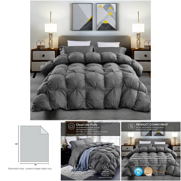 Egyptian Cotton Factory Store Gray Pinch Pleat King Size Comforter with 100% Egyptian Cotton Cover and 75 oz Down Feather Fill