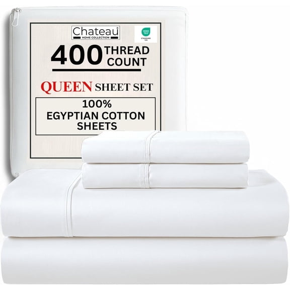 Egyptian Cotton Queen Sheet Set 400 Thread Count Sateen Weave 15 Inch Deep Pocket White