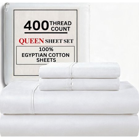 Egyptian Cotton Queen Sheet Set 400 Thread Count White Sateen Weave 15 Inch Deep Pocket