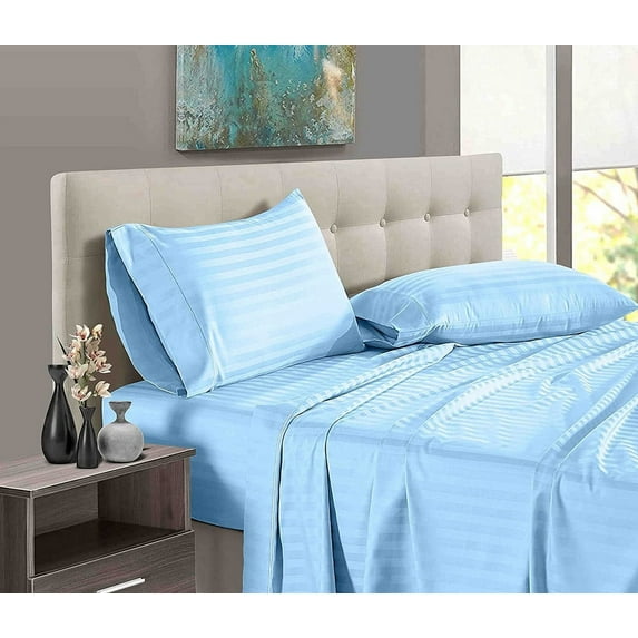 Egyptian Cotton Sheet Set 4 Piece - Softest Bed Sheets with 12" Inch Deep Pocket Fitted Sheet - 300TC Premium Cotton Sheets & Pillowcases - Light Blue Stripe, RV King Size.