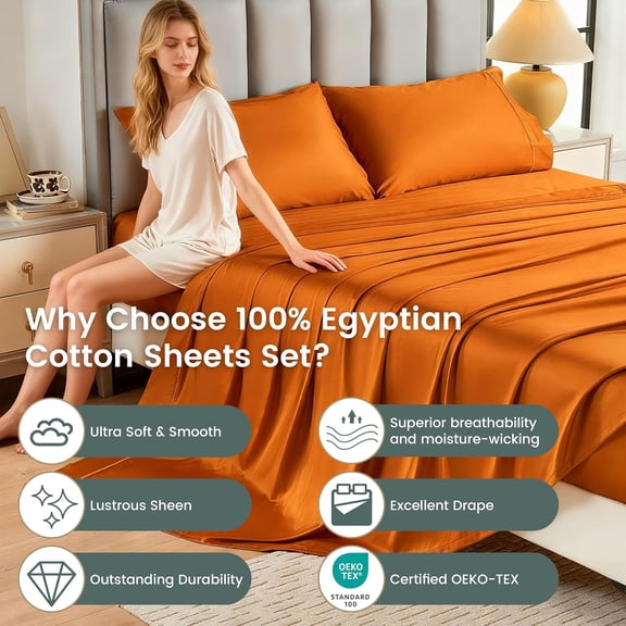 Egyptian Cotton Sheet Set 400 Thread Count 4Pc Set Embroidery Design Long Staple Pure Soft Sateen Weave Bed Sheet - Orange, Queen Size