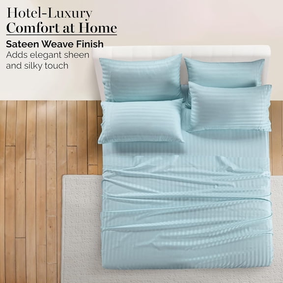 Egyptian Cotton Sheets King Size Set - 6 Pieces - Damask Stripe- Ultra Smooth Sateen Weave Bed Sheets Set with 15" Deep Pockets - Blue Sky