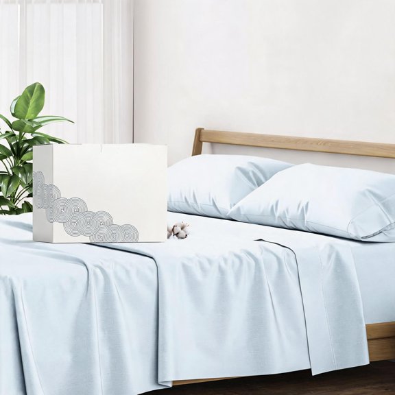 Egyptian Cotton Sheets Queen Size 4 Piece Set Light Blue 500 Thread Count 16 Inch Deep Pocket