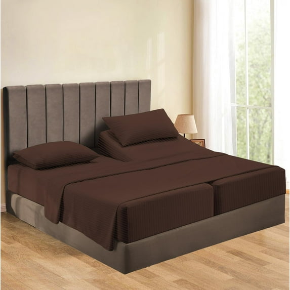 Egyptian Cotton Split Queen Sheets – 500 Thread Count, Ultra-Soft & Cozy, Easy Care, 16-18" Inch Deep Pocket, Split Queen Size, Chocolate Stripe