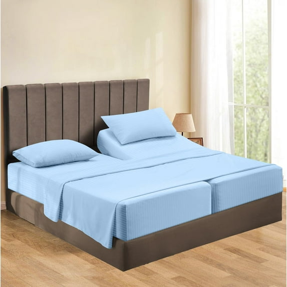 Egyptian Cotton Split Queen Sheets – 500 Thread Count, Ultra-Soft & Cozy, Easy Care, 16-18" Inch Deep Pocket, Split Queen Size, Light Blue Stripe