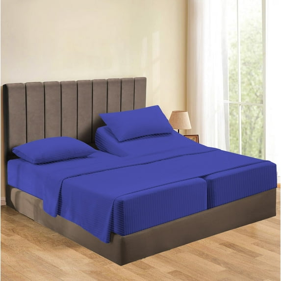 Egyptian Cotton Split Queen Sheets – 500 Thread Count, Ultra-Soft & Cozy, Easy Care, 16-18" Inch Deep Pocket, Split Queen Size, Royal Blue Stripe