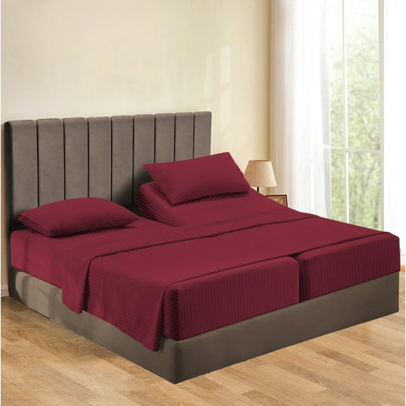 Egyptian Cotton Split Queen Sheets – 500 Thread Count, Ultra-Soft & Cozy, Easy Care, 25-30" Inch Deep Pocket, Split Queen Size, Burgundy Stripe
