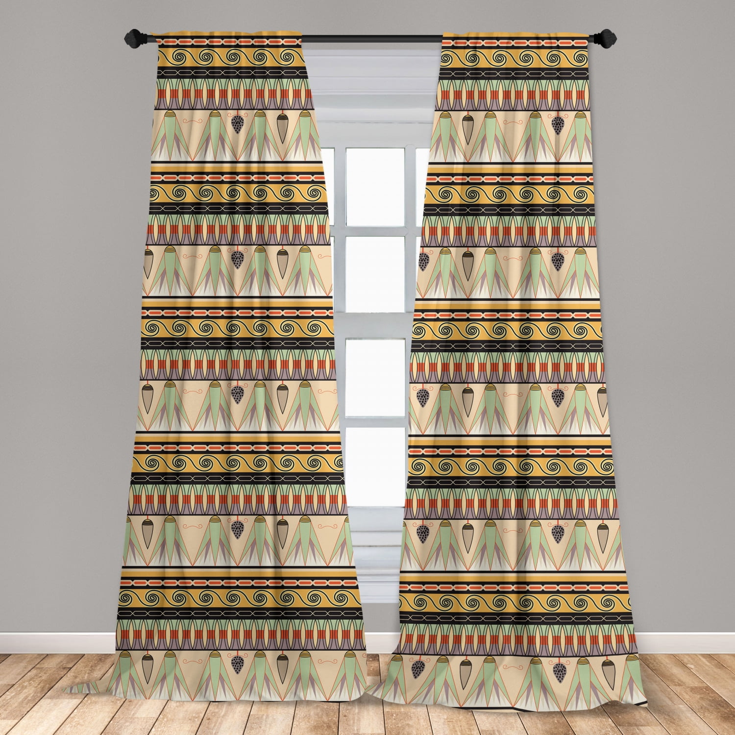 Egyptian Curtains 2 Panels Set, Colorful Abstract Borders Traditional