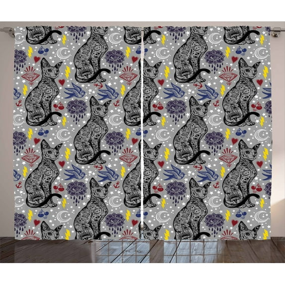 Ambesonne Egyptian Curtains 2 Panel Set, Vintage Cat, 108" x 108", Multicolor