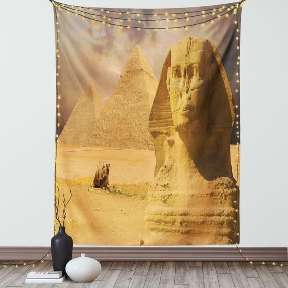 Egyptian Decor Wall Hanging Tapestry, The Great Sphinx Face With Other Pyramids In Egypt Old Historical God Ancient Monument Art, Bedroom Living Room Dorm Accessories, By Ambesonne