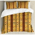 thumbnail image 1 of Egyptian Duvet Cover Set King Size, Ancient Hieroglyphs and Floral Geometric Ornament Border Aged Paper Style Backdrop, Decorative 3 Piece Bedding Set with 2 Pillow Shams, Multicolor, by Ambesonne, 1 of 3