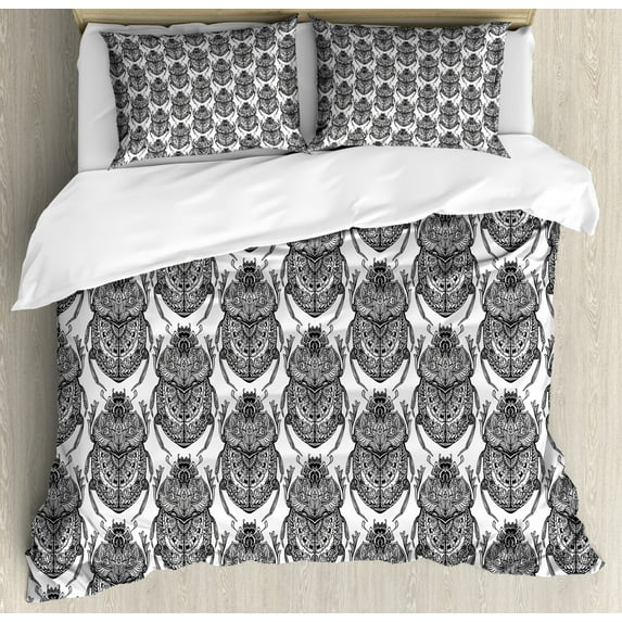 Egyptian Duvet Cover Set King Size, Hand Drawn Stylized Scarabs Mythological Doodle Bugs Ethnic Insect Beetle Tattoo, Decorative 3 Piece Bedding Set with 2 Pillow Shams, Black White, by Ambesonne