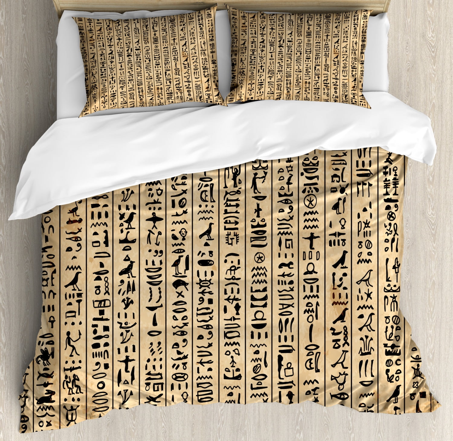 Egyptian Hieroglyphs Sand Brown Microfiber Queen Duvet Cover Set