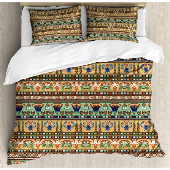 Egyptian Duvet Cover Set Queen Size, Ethnic Motifs Pattern with Lily Flower and Scarab Figures Abstract Artistic Design, Decorative 3 Piece Bedding Set with 2 Pillow Shams, Multicolor, by Ambesonne