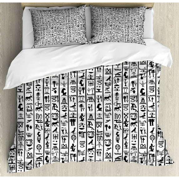 Egyptian Duvet Cover Set Queen Size, Vertical Borders with Hieroglyphics Alphabet Ancient Language Symbols Cultural, Decorative 3 Piece Bedding Set with 2 Pillow Shams, Black White, by Ambesonne